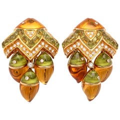 Citrine Peridot Diamond Gold Fish Shaped Earrings